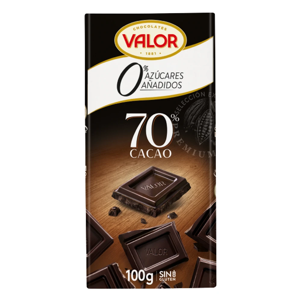 Chocolate Valor 70 % cacao sin azúcares añadidos, tableta de 100 g