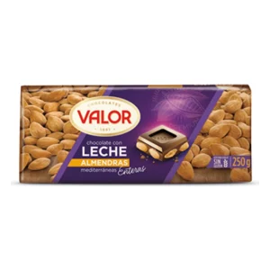 Chocolate Valor con almendras enteras y leche, tableta de 250 g
