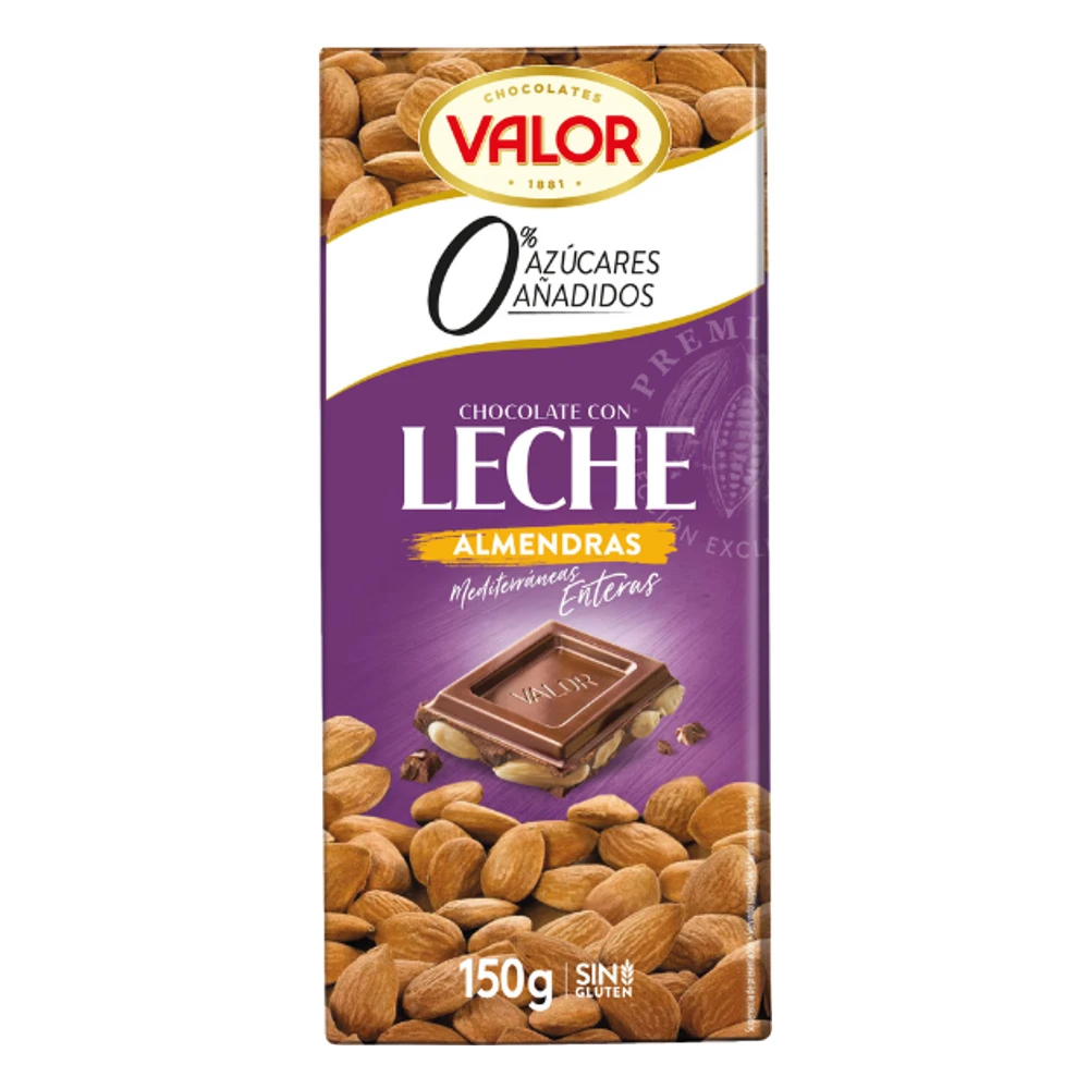 Chocolate Valor sin azúcares añadidos con leche y almendras, tableta de 150 g